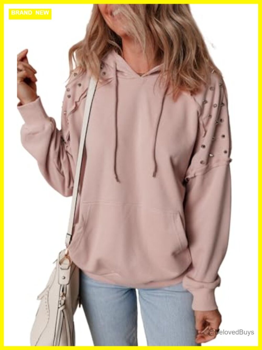 Women's Oversized Rivet Hoodie Long Sleeve Kangaroo Pocket Raglan